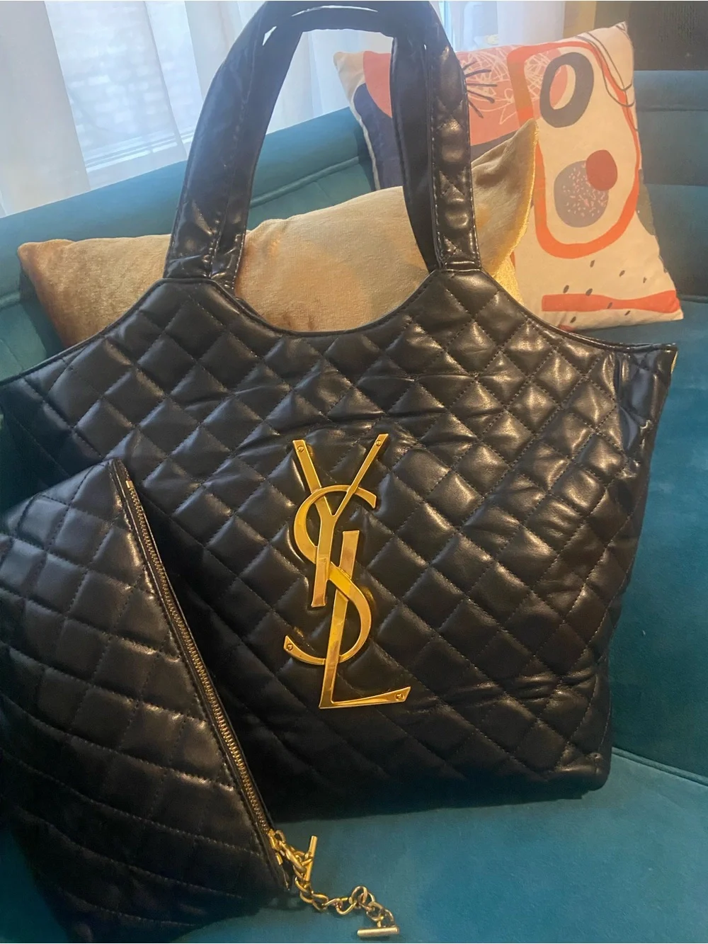 Yves Saint Laurent Black Quilted Tote with Gold YSL Emblem
